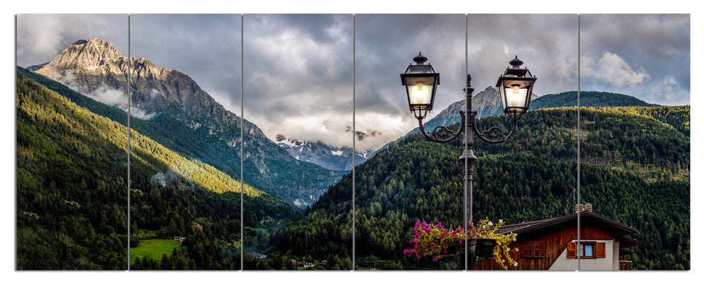 Lamp Posts in Mountain Panorama, Landscape Canvas Art Print, 70"x28", 6 Panels