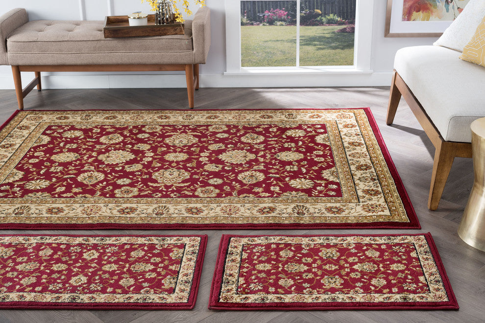 Raleigh Traditional Floral Red 3-Piece Area Rug Set