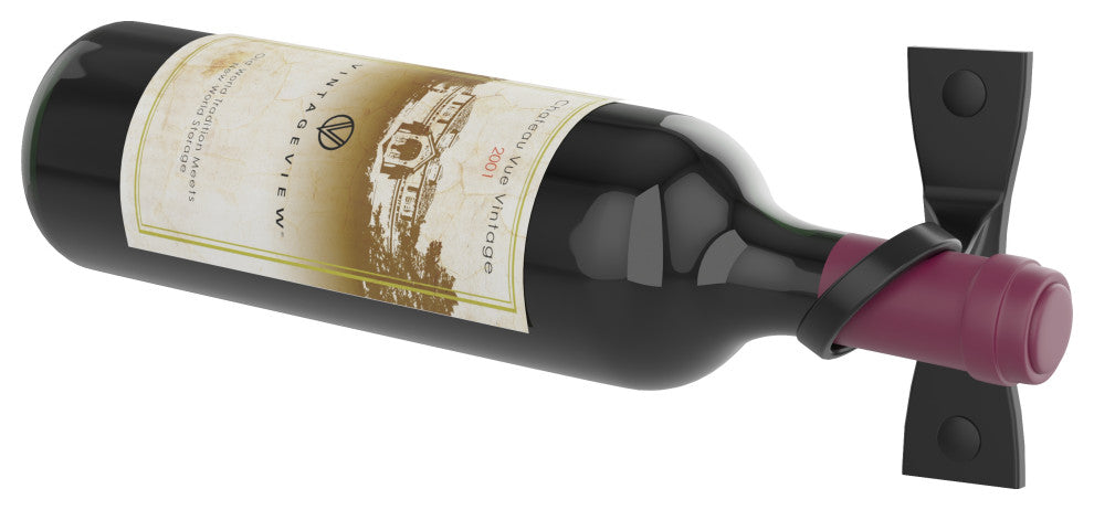 Helix Single 5 (minimalist wall mounted metal wine rack), Matte Black, Left Facing Bottle