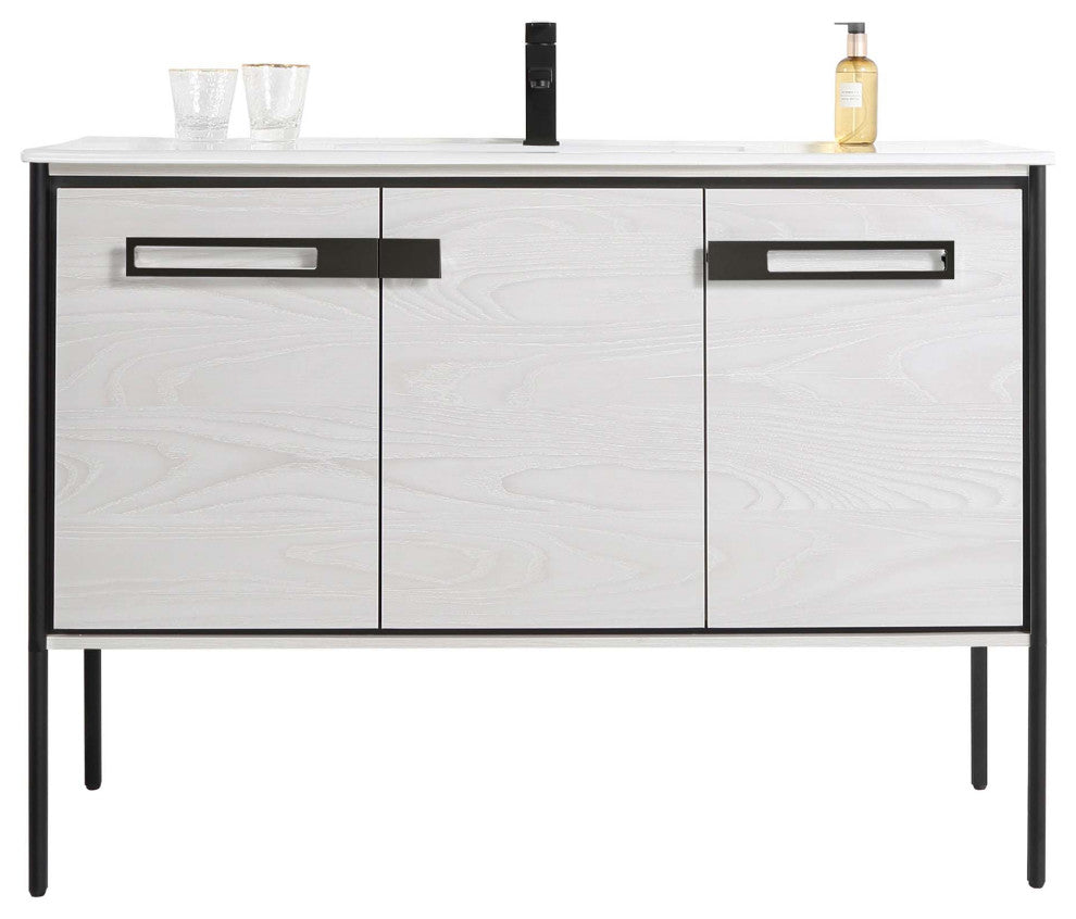 Oakville Bath Vanity, Ceramic Sink, Mild Grey Oak, 48 Inch, Black Hardware