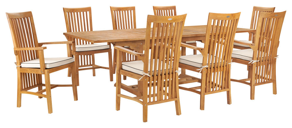 9 Piece Teak Wood Balero Outdoor Patio Dining Set, Rectangle Table, 8 Arm Chairs