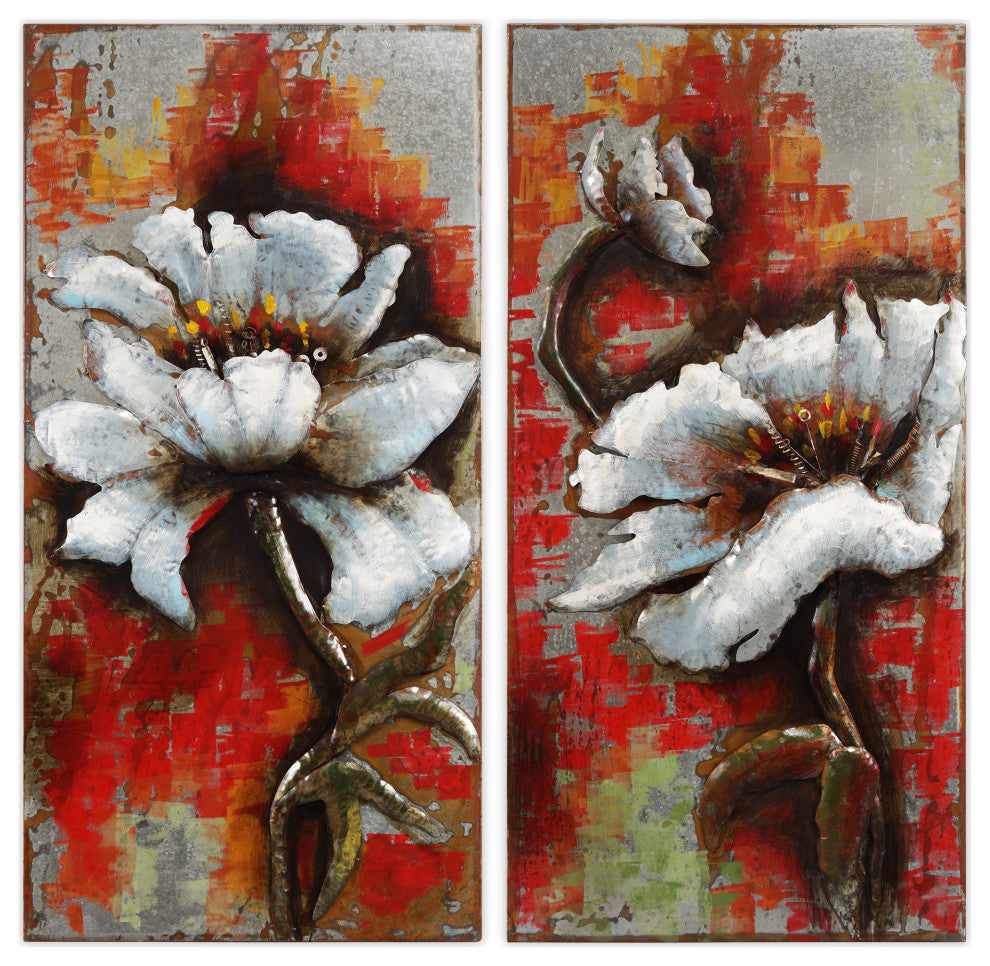"Garden Rose" Mixed Media Iron Hand Painted Dimensional Wall Art Set of 2