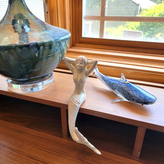 Coastal Mermaid Stocking Hanger Christmas Shelf Distressed White Iron 7 inch