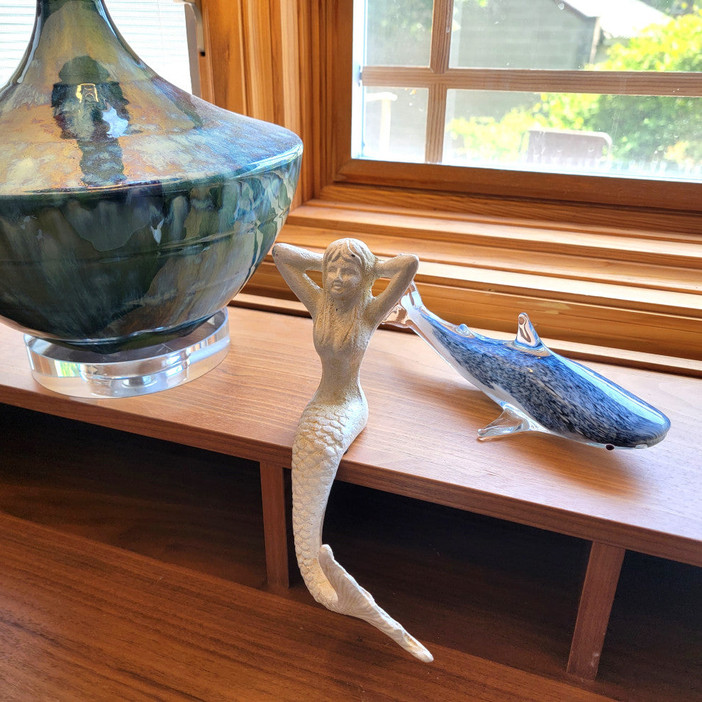 Coastal Mermaid Stocking Hanger Christmas Shelf Distressed White Iron 7 inch