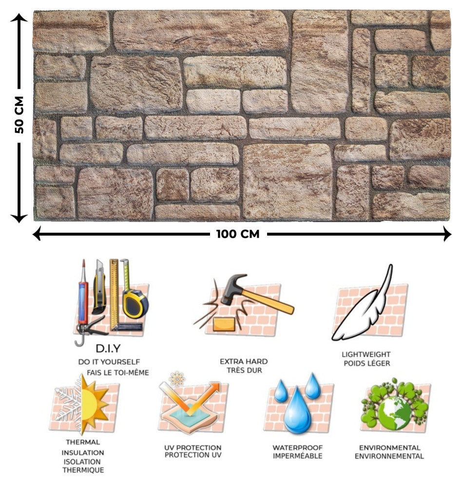 Faux Stone Brick 3D Wall Panels, Beige, Set of 10, Covers 53 sq ft