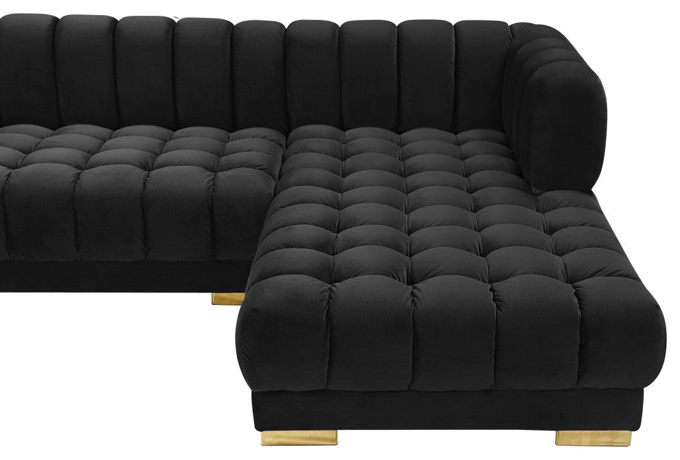 Gwen Biscuit Tufted Velvet Upholstered 3 Piece Sectional, Black