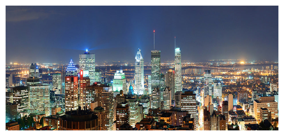 Montreal at Dusk Panorama, Large landscape Canvas Art Print, 60"x28"
