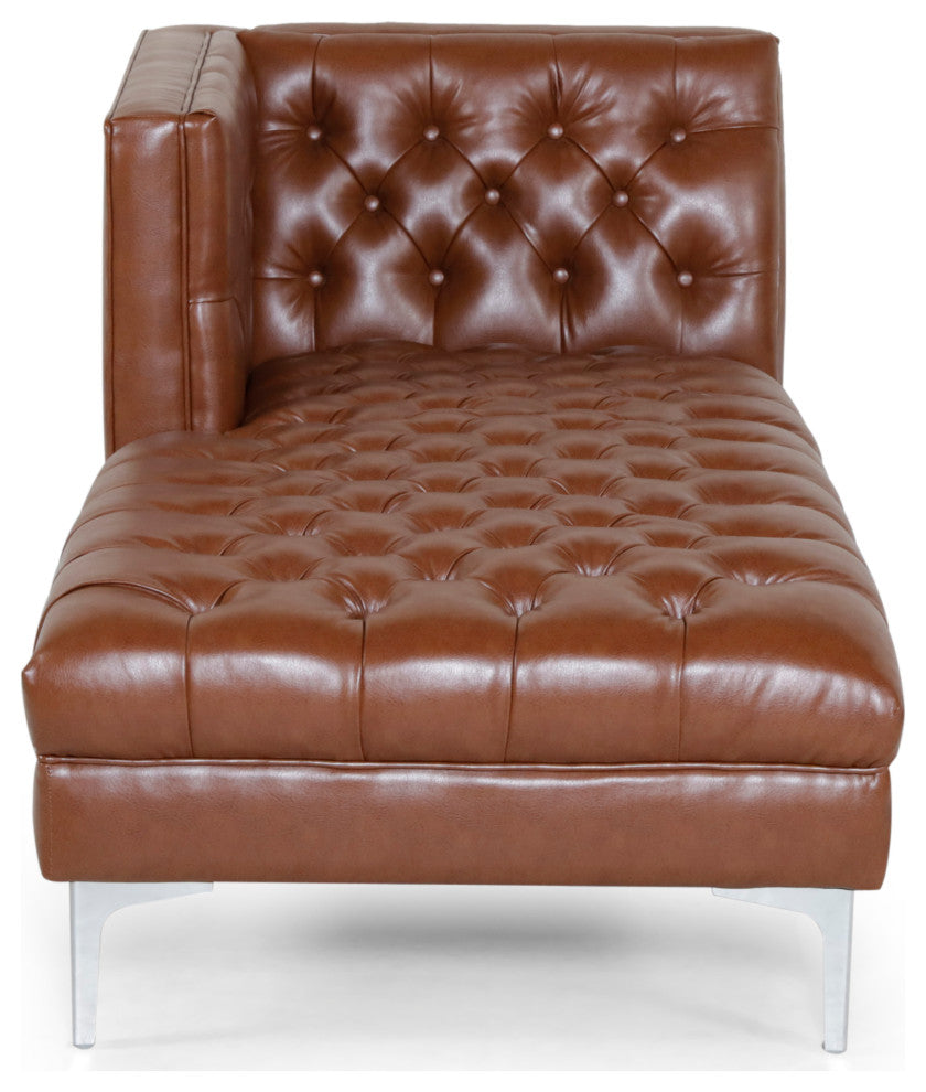 Bluffton Contemporary Tufted One Armed Chaise Lounge, Cognac + Silver