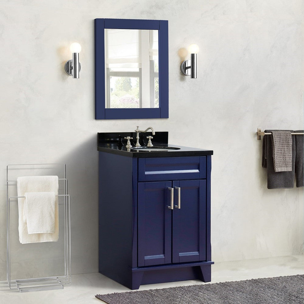 25" Single Sink Vanity, Blue Finish With Black Galaxy Granite And Oval Sink
