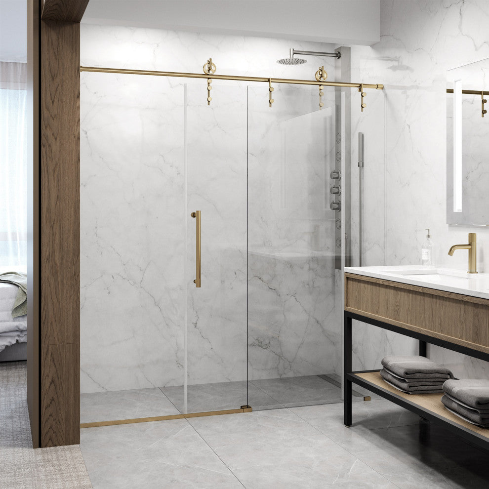 VIGO Hamilton Frameless Sliding, Matte Brushed Gold, Shower Door, 56" to 60" W X 78" H, Clear Glass