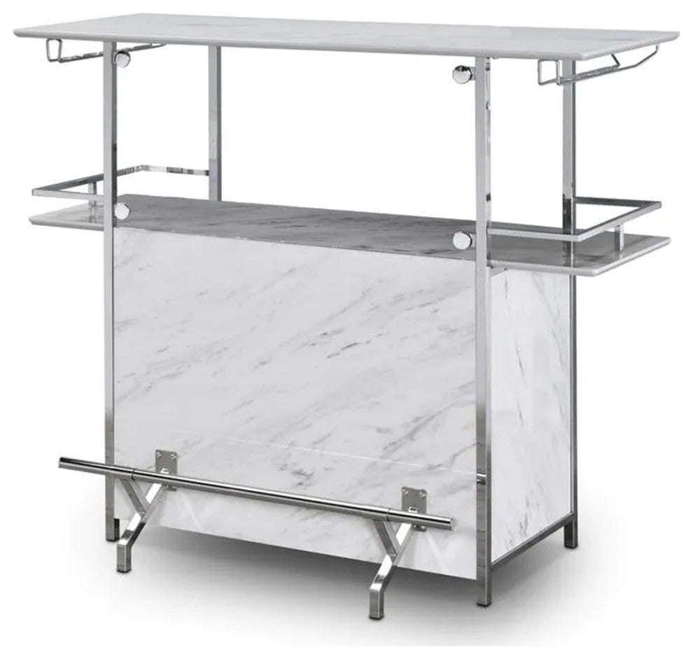 Faux Marble Bar Table With Glass Holder, White and Chrome