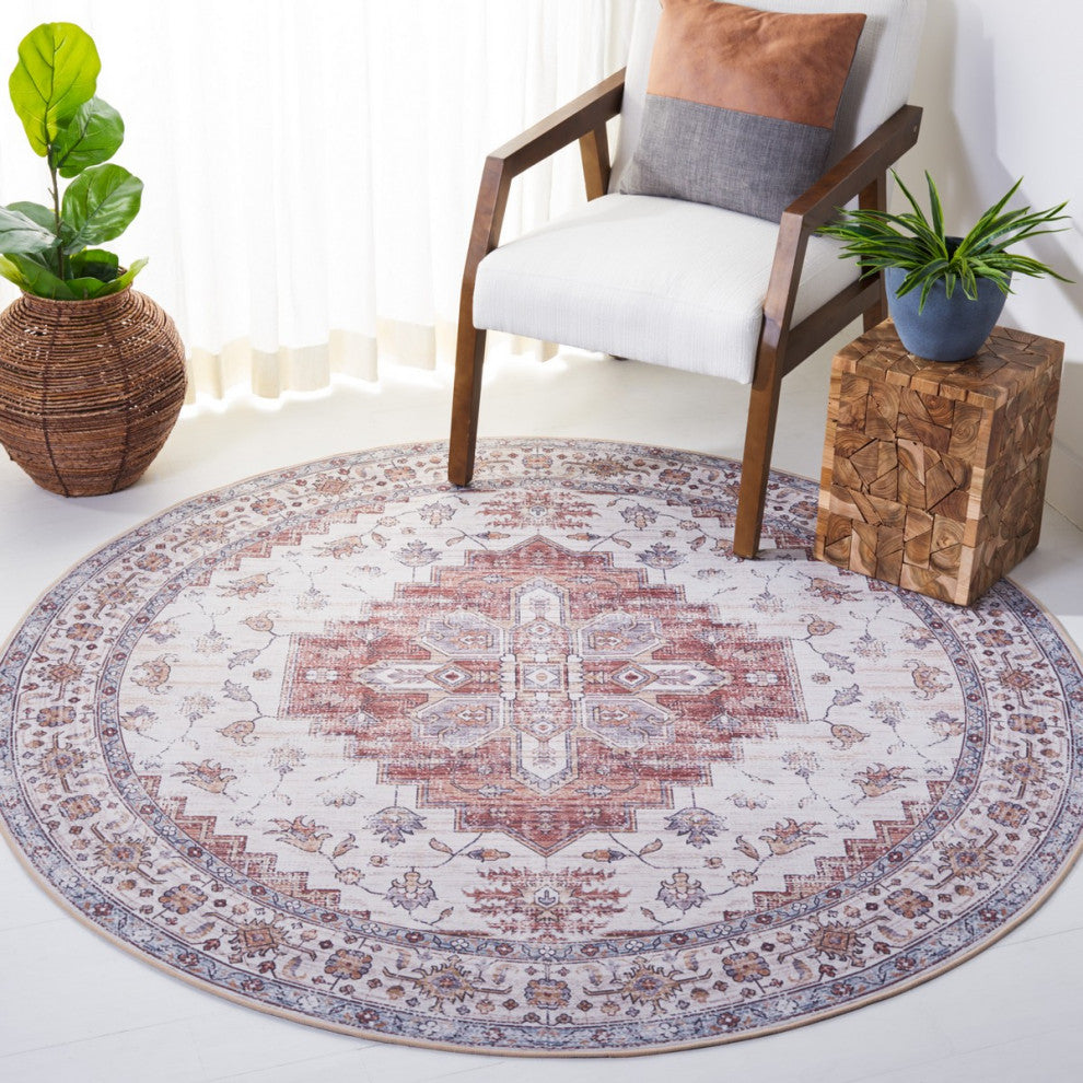Safavieh Couture Tucson Collection, TSN109 Machine Washable Rug, Ivory / Rust, 6' Round