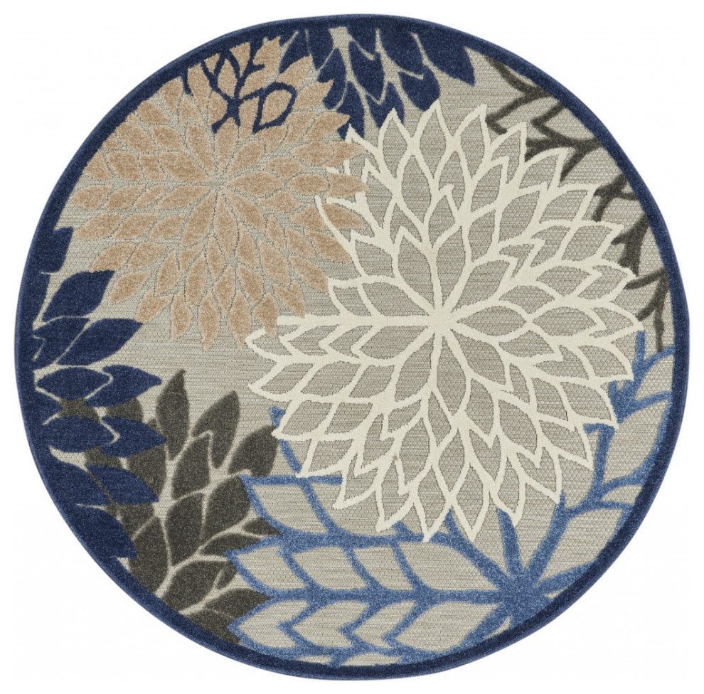 5' Round Blue And Gray Round Floral Indoor Outdoor Area Rug