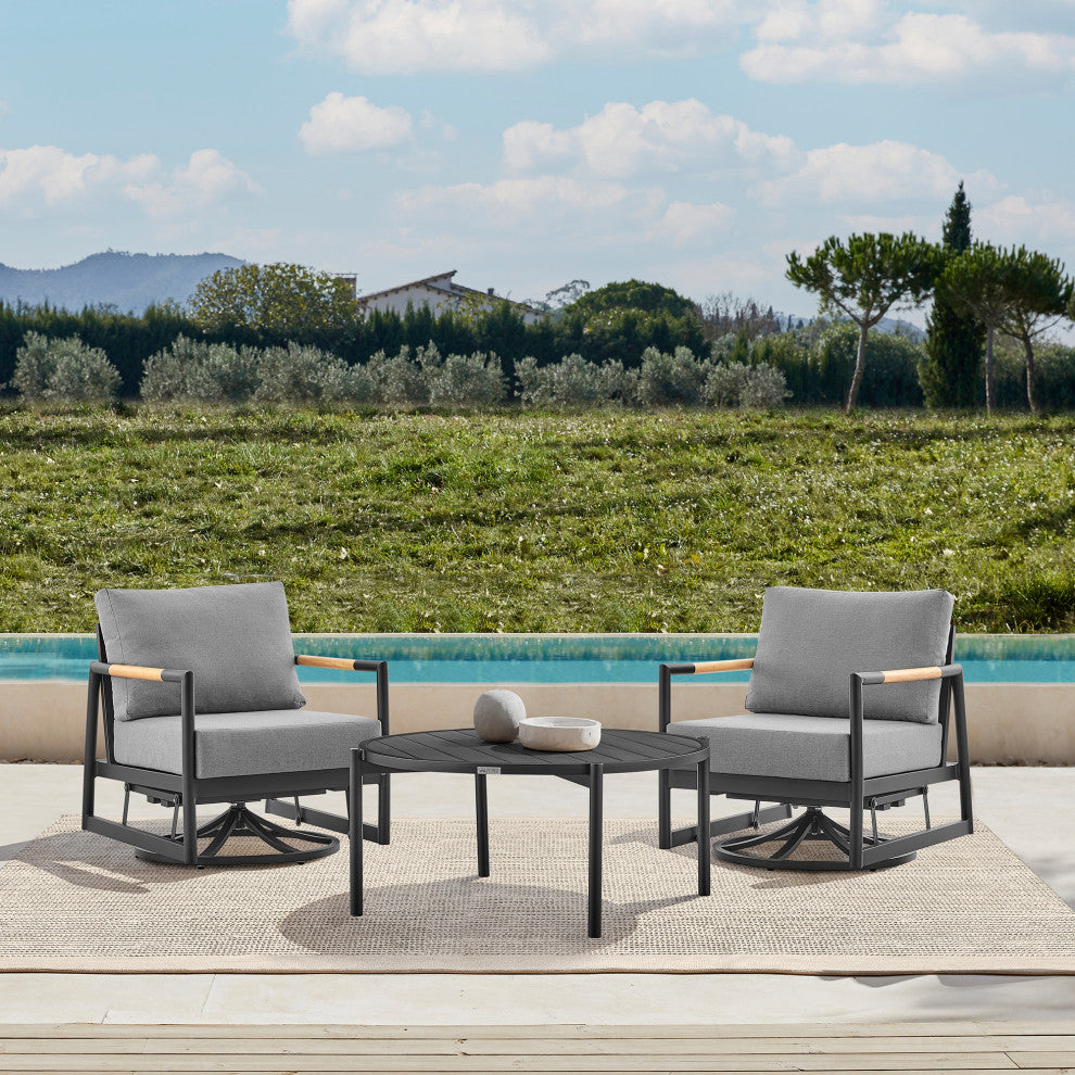 Royal Outdoor Swivel Glider Chair, Black Aluminum And Teak With Cushions