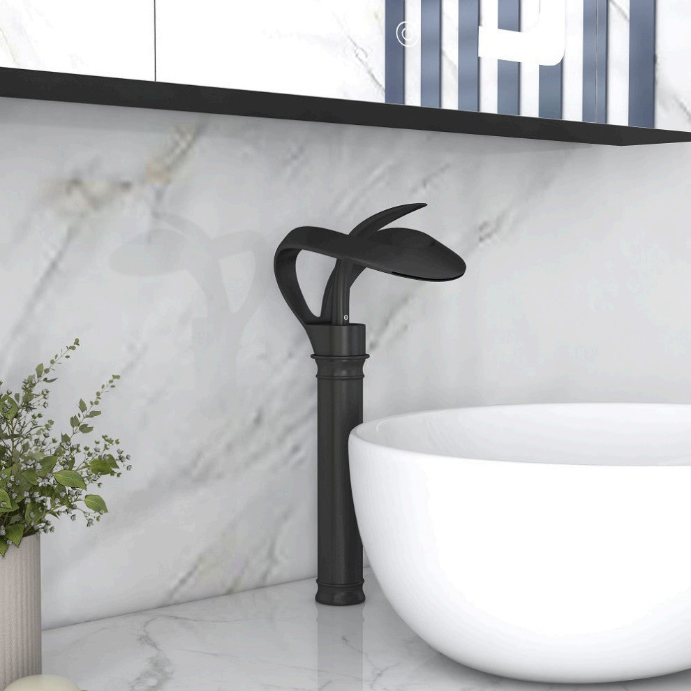 Elegant Waterfall Bathroom Faucet, Single Handle, Solid Brass, Black, Long