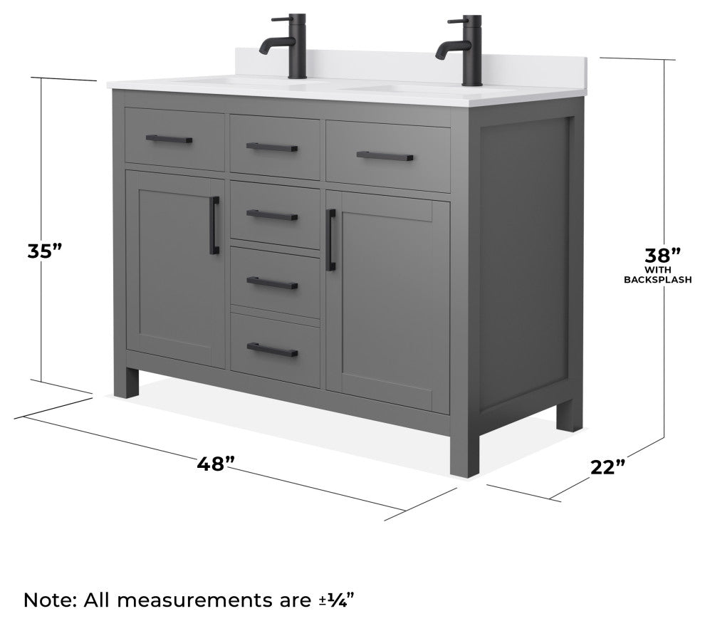 Beckett 48" Dark Gray Double Vanity, White Cultured Marble Top, Black Trim