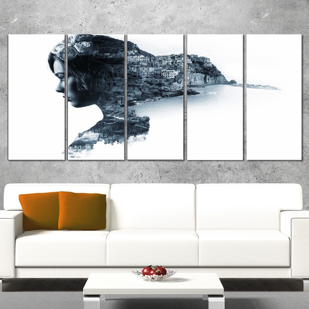 Woman Portrait Double Exposure, Portrait Canvas Art Print, 60"x28", 5 Panels