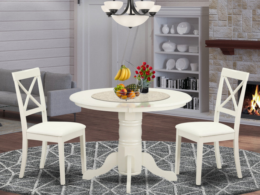 3 Piece Sudbury Set -One Round Table And 2 Chairs, Faux Leather Seat, White