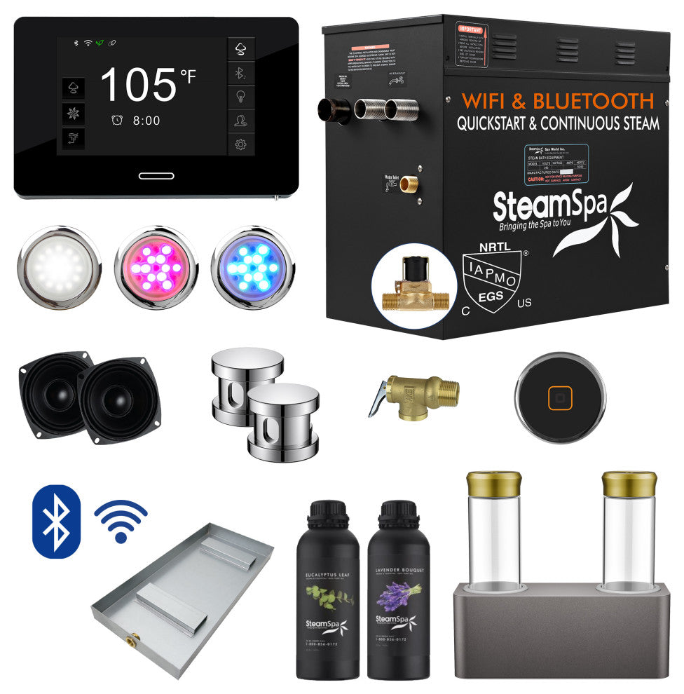12kW QuickStart Steam Bath Generator With Dual Aroma Pump, Polished Chrome