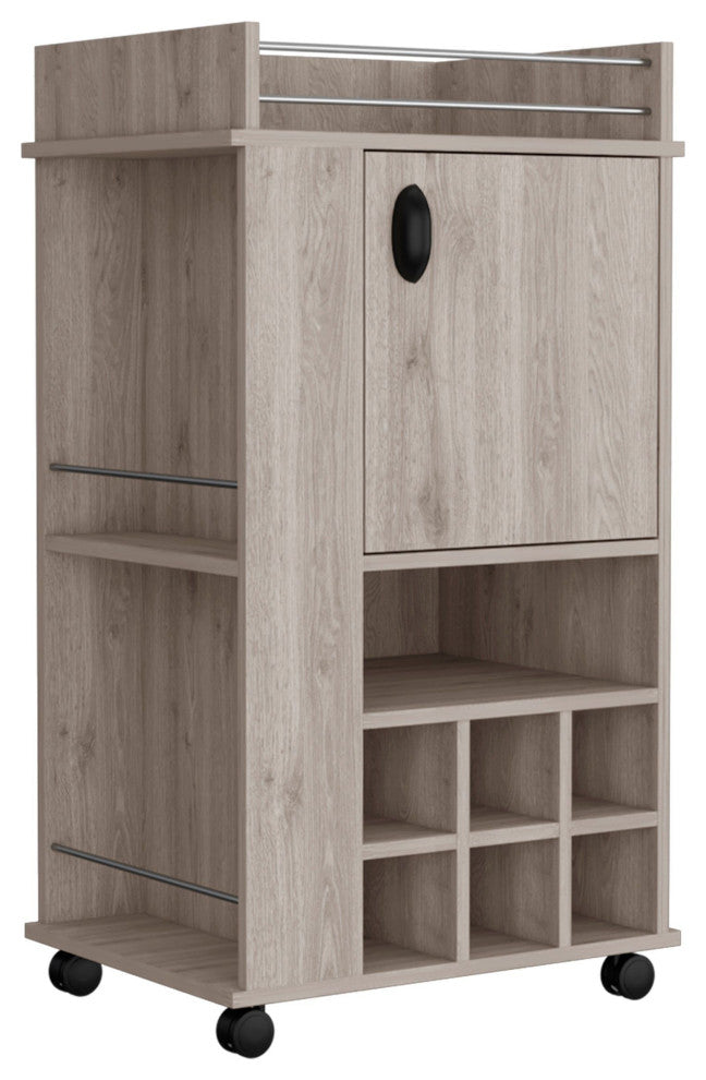 Farson Bar Cart with 6 Built-in Wine Racks, Cabinet, Caster Wheels, Light Gray