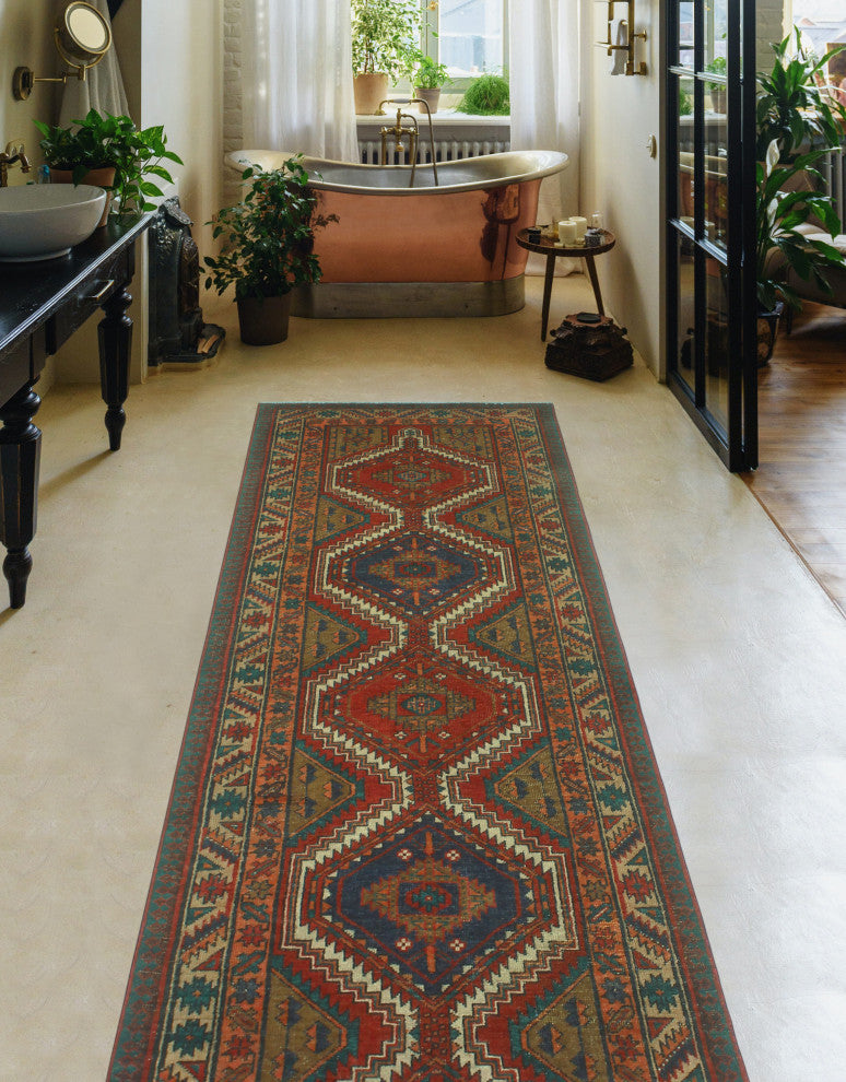 Fine Vintage Distressed Lanny Red/Ivory Runner, 3'5 x 10'0