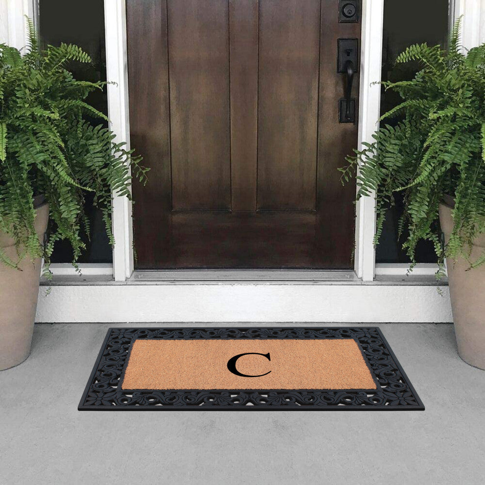 A1HC Rubber & Coir Floral Outdoor Durable Monogram Doormat 18"x30", Black, C