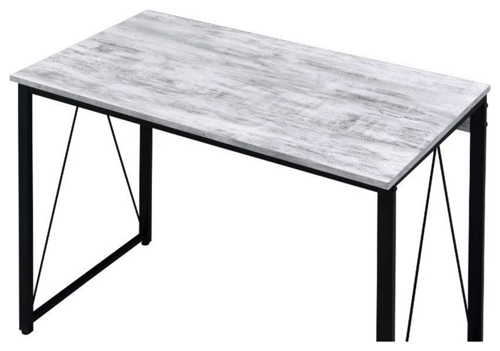 Wooden Writing Desk With Metal Frame, Antique White and Black Finish