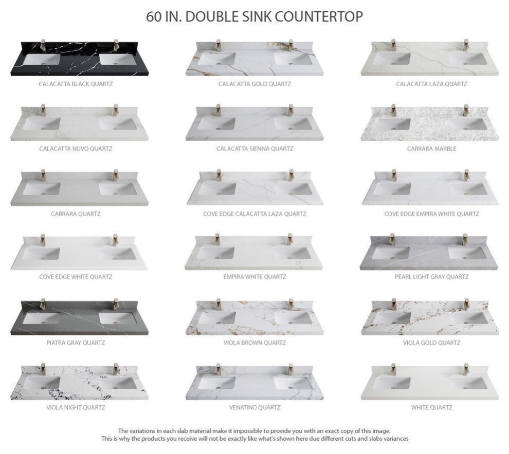 Elizabeth Oak 60" Double Sink Vanity, White 2" Pearl Gray
