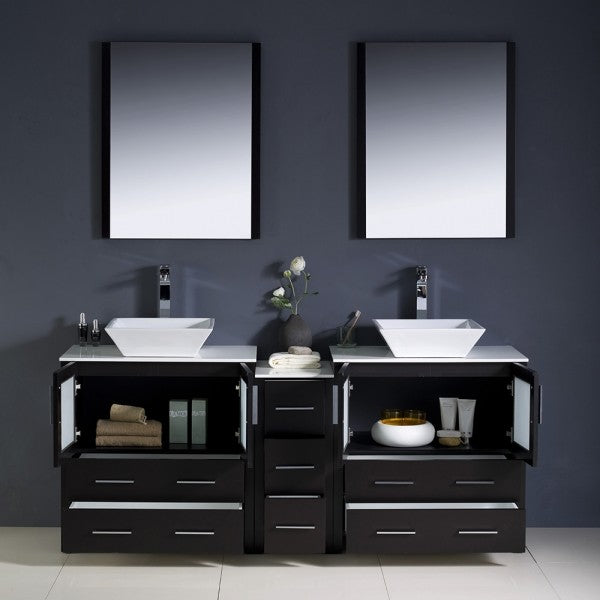 Torino 72" Espresso Double Sink Bathroom Vanity, Side Cabinet, Vessel Sinks