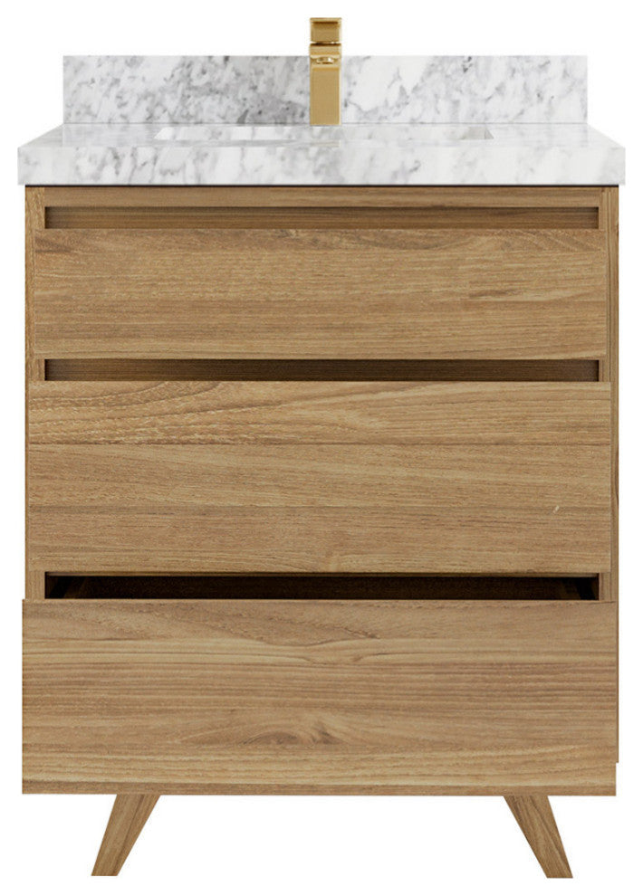Madison  Teak 30 Single Sink Bath Vanity Golden Teak 2" Carrara Marble