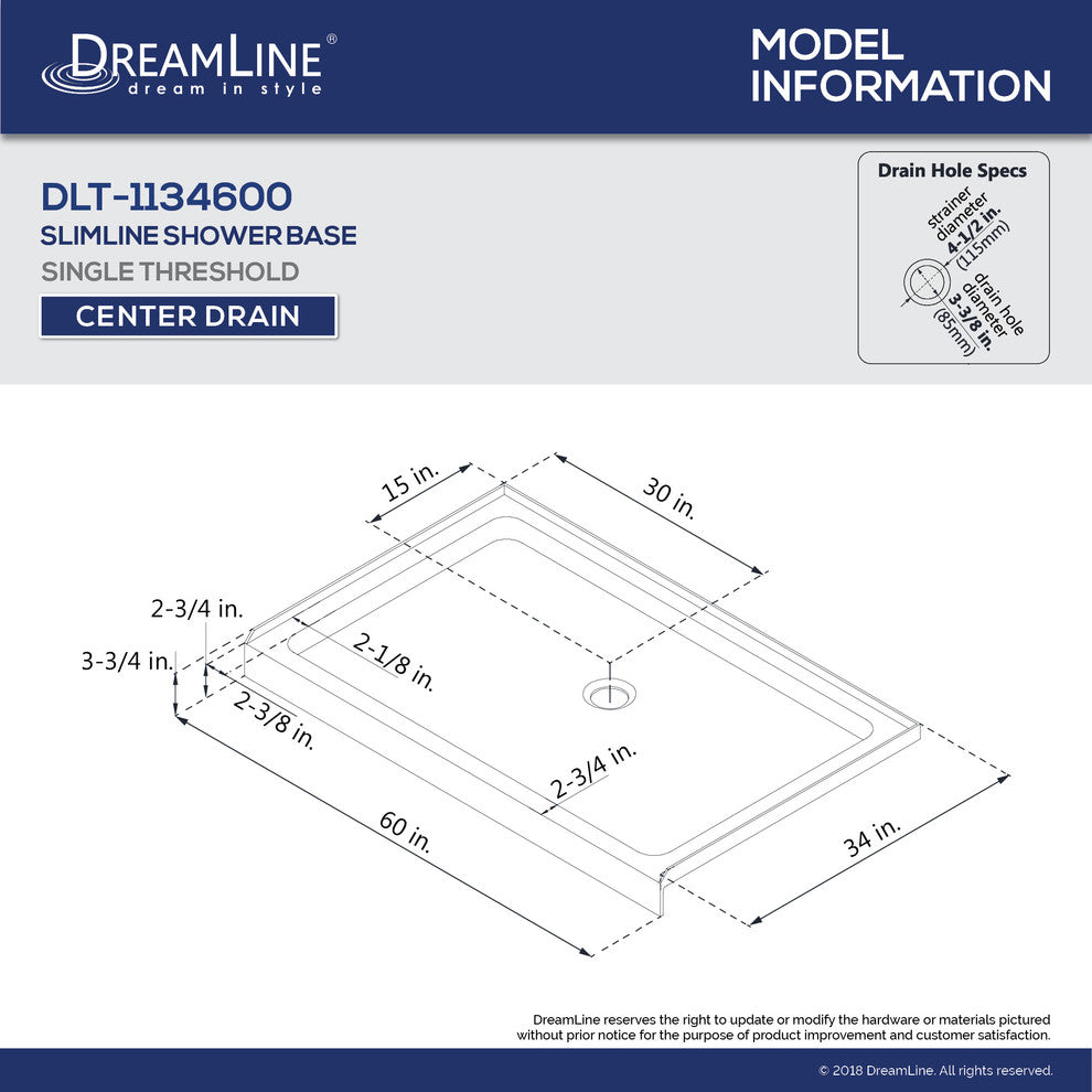 DreamLine SlimLine 34"x60" Single Threshold Shower Base Center Drain