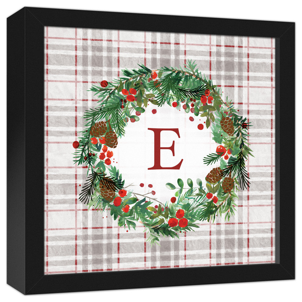 Holiday Gray Plaid Monogram Wreath E 12x12 Black Framed Canvas