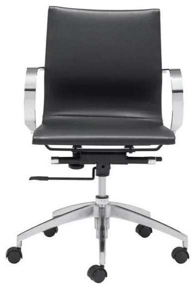 Modern Office Chair, Chrome Frame With Rounded Arms & Faux Leather Seat, Black