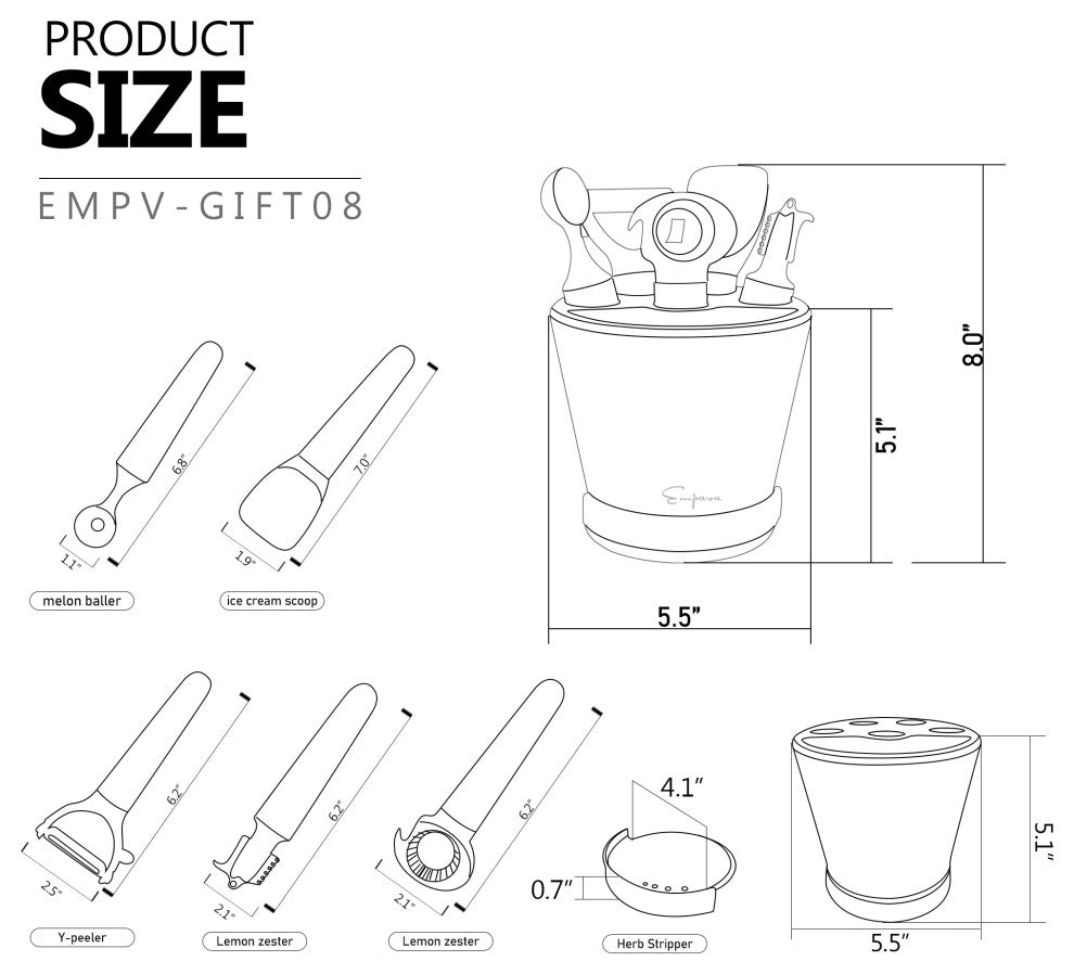 Cutter, Melon Baller, Ice Cream Scoop, Y-peeler, Lemon Zester, Bottle Opener