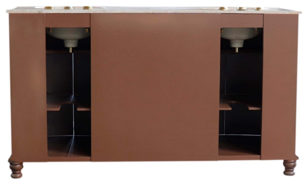 62" Double Sink Vanity Walnut Finish, Travertine Top