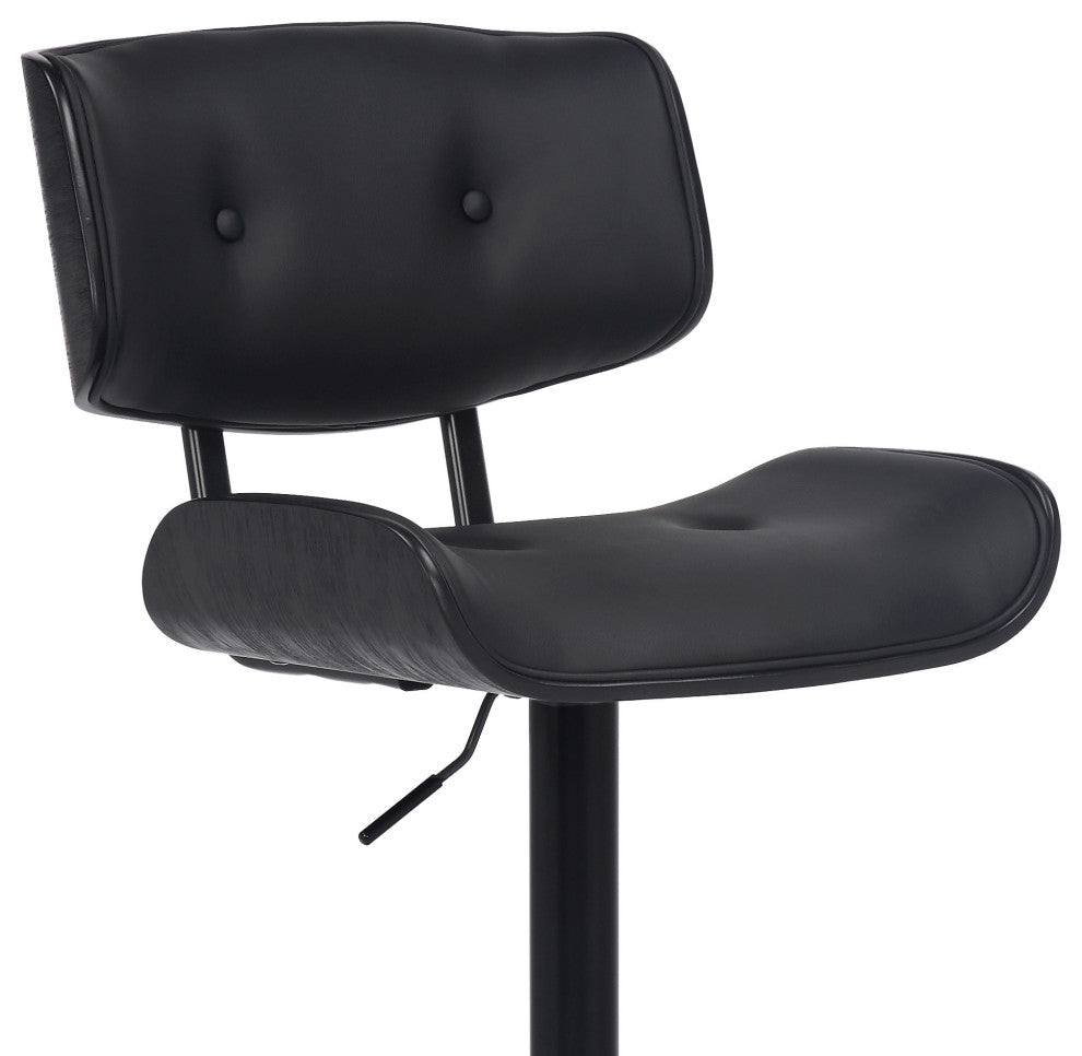 Adjustable Black Tufted Faux Leather and Black Wood Swivel Barstool.