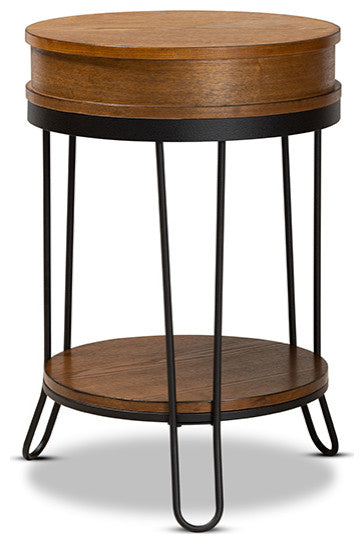 Vintage Rustic Industrial Walnut Brown Wood and Black 1-Drawer Metal End Table