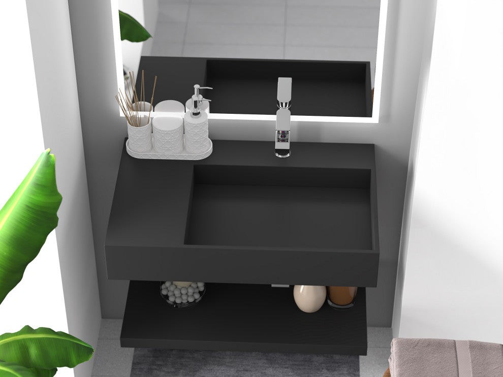 CastelloUSA Juniper Wall Mounted Countertop Concealed Drain Basin Sink, Black, 30", Right Basin, Standard