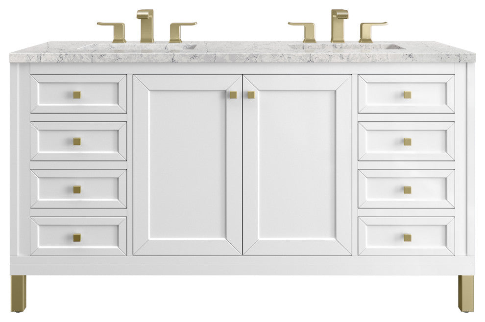 Chicago 60" Double Vanity, Glossy White, Eternal Jasmine Pearl Quartz