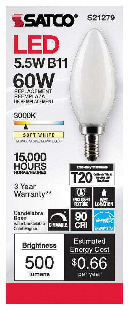 5.5W B11 LED, Frost, Candelabra Base, 90 CRI, 3000K, 120V
