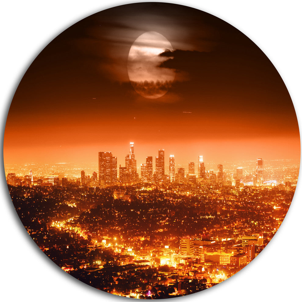 Dramatic Full Moon Over Los Angeles, Cityscape Disc Metal Wall Art, 36"