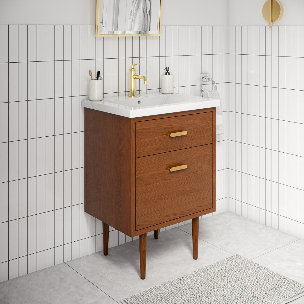 Brandy Integrated Ceramic Sink Top Vanity, Honey Walnut, 24", With Faucet