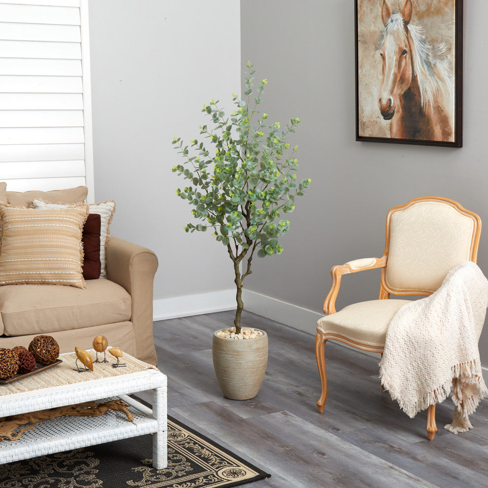 5'' Eucalyptus Artificial Tree, Sandstone Planter