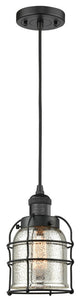 1-Light Small Bell Cage 8" Mini Pendant, Matte Black, Glass: Silver Mercury
