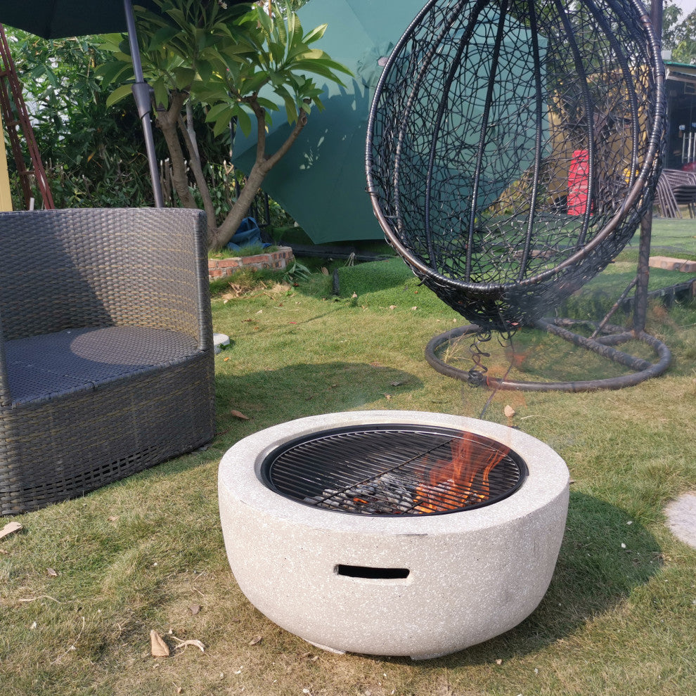 Round Faux Stone Outdoor Fire Pit with Fire Screen