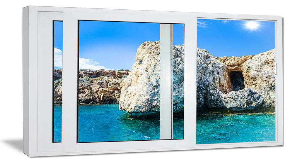"Open Window To Rocky Sunny Ocean" Seashore Wall Art, 32"x16"