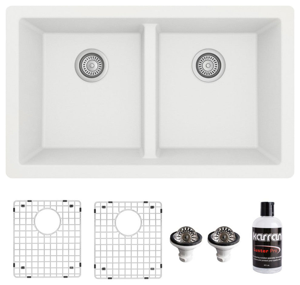 Karran 32" Undermount Double Bowl 50/50 Quartz Kitchen Sink Kit, White