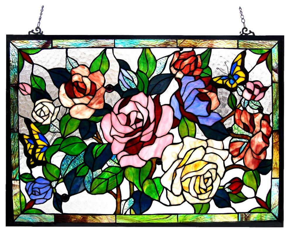 Chloe Lighting Tiffany-Glass Featuring Roses and Butterflies Window Panel