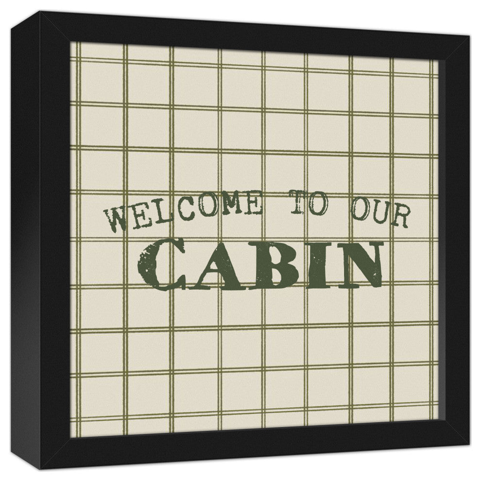 Welcome to our Cabin Green and Cream Check 13.73x13.73 Black Framed Canvas