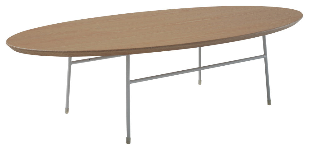 LeisureMod Rossmore Oval Coffee Table With White Steel Frame, Natural Wood
